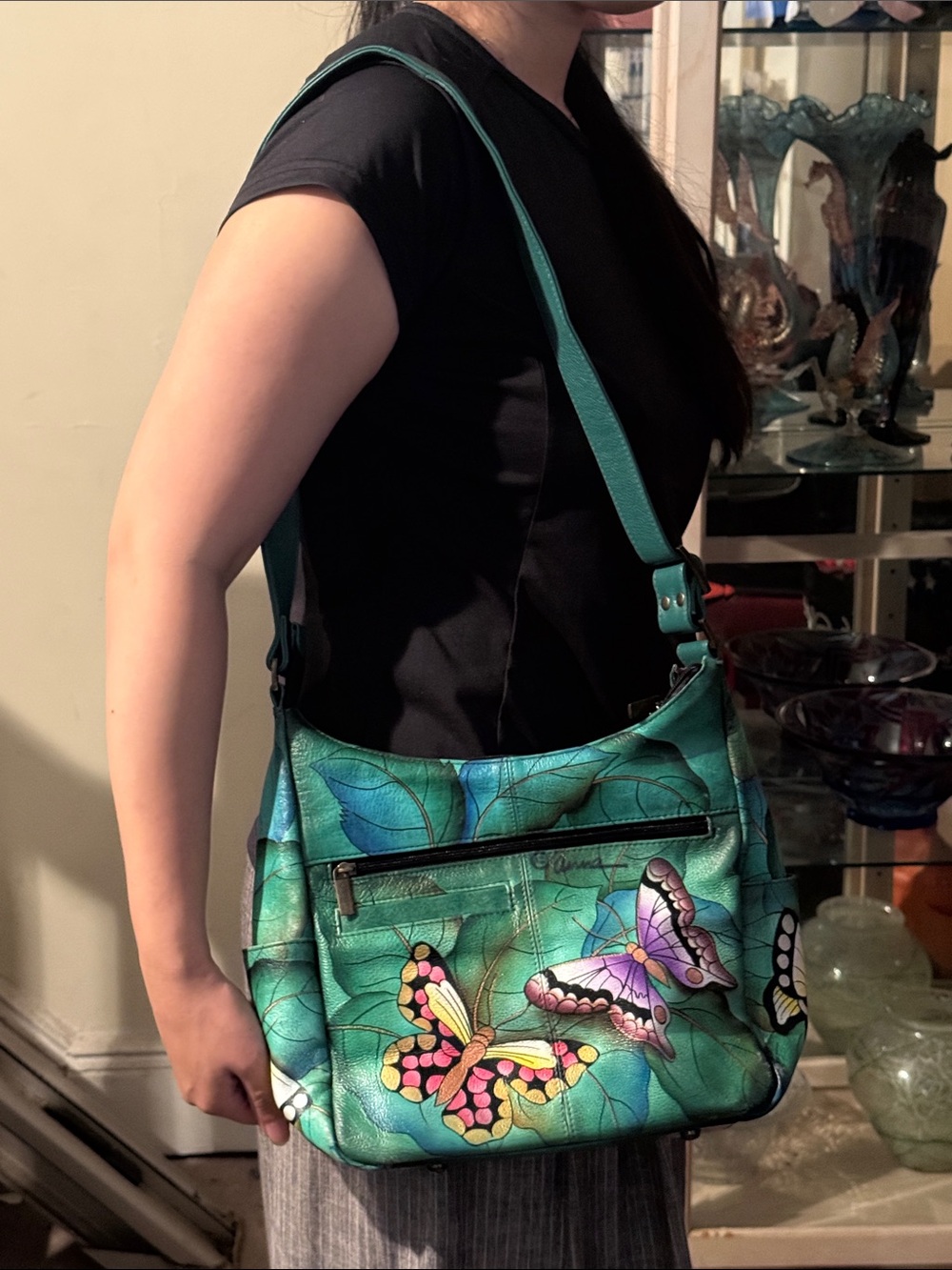 Hand-Painted Turquoise Butterfly Leather Shoulder Bag